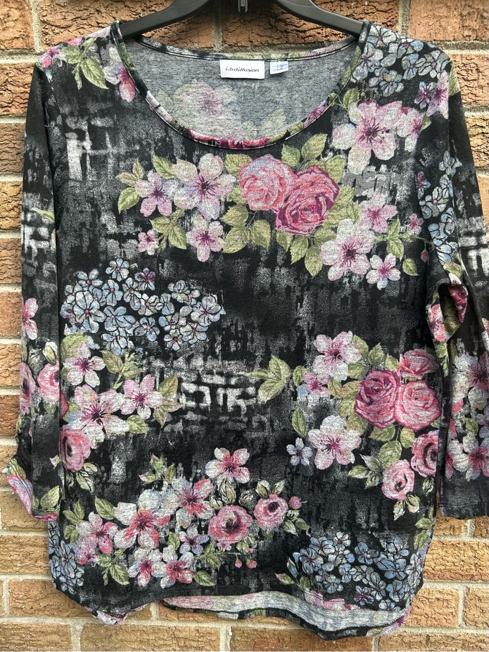 Vtg I.B. Diffusion from KMart Black Floral Scoop Neck Women's Blouse size XL